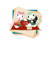 着物を着た可愛い巳の男の子と女の子が二人でお雑煮を持っているイラストの年賀状テンプレート