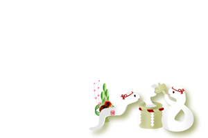 可愛い巳のキャラクターの餅つきのイラストの横長の年賀状テンプレート