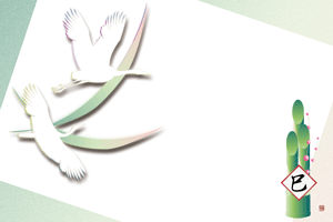 巳の文字入り色紙と鶴のシルエットのイラスト付き横型年賀状